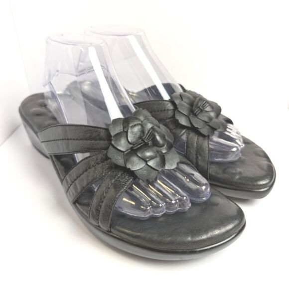 Walking Cradles Black Leather Flower Women's Slide Comfort Sandals 11 - Picture 2 of 7